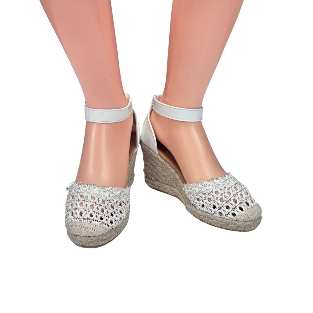 White Crochet Espadrille Wedge Sandals With Ankle Strap & Buckle Closure